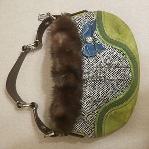 Vintage Coach Tweed Suede Exotic Python Mink Fur Sm Hobo Bag Purse W/ Bling
